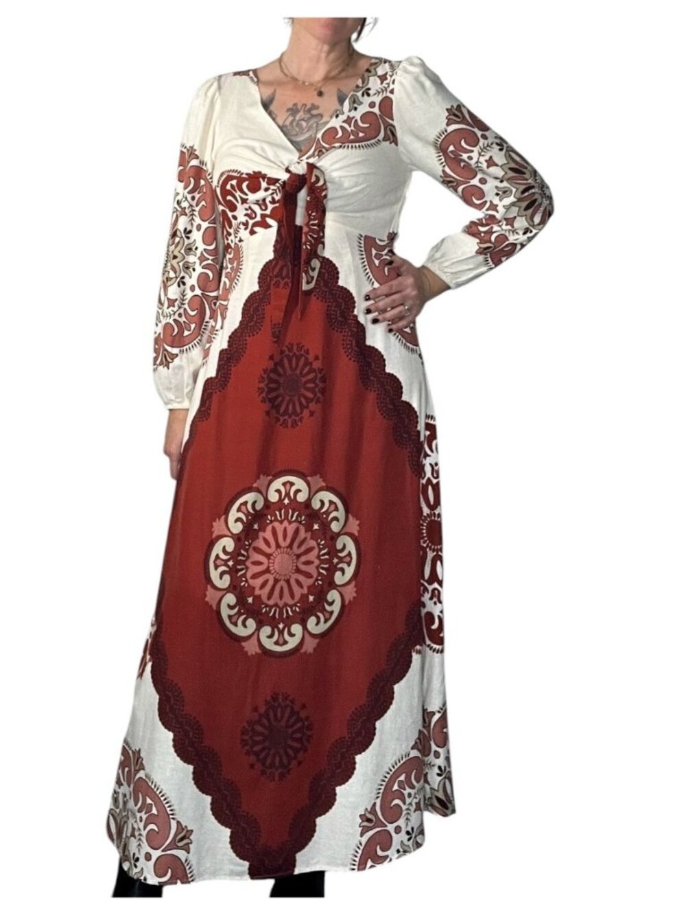 Marfinno Linen Medallion Maxi Dress Long Sleeve Cream Orange Medium